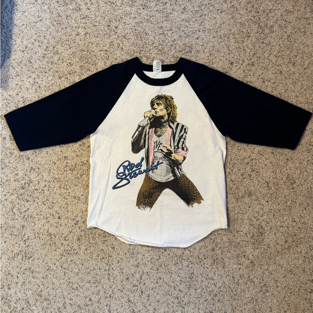 Vintage Y2K Anvil White & Navy Raglan Rod Stewart Graphic Band Tee Size Medium